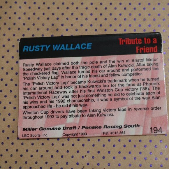 Rusty Wallace #194 Nascar Card - Picture 2 of 2
